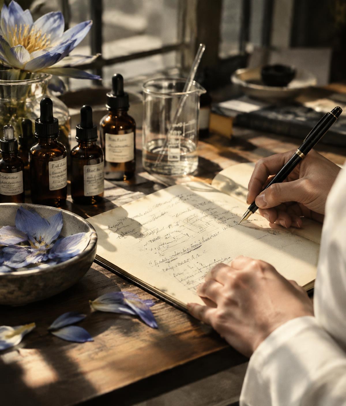 Perfumer writing formula notes beside dropper bottles and blue lotus