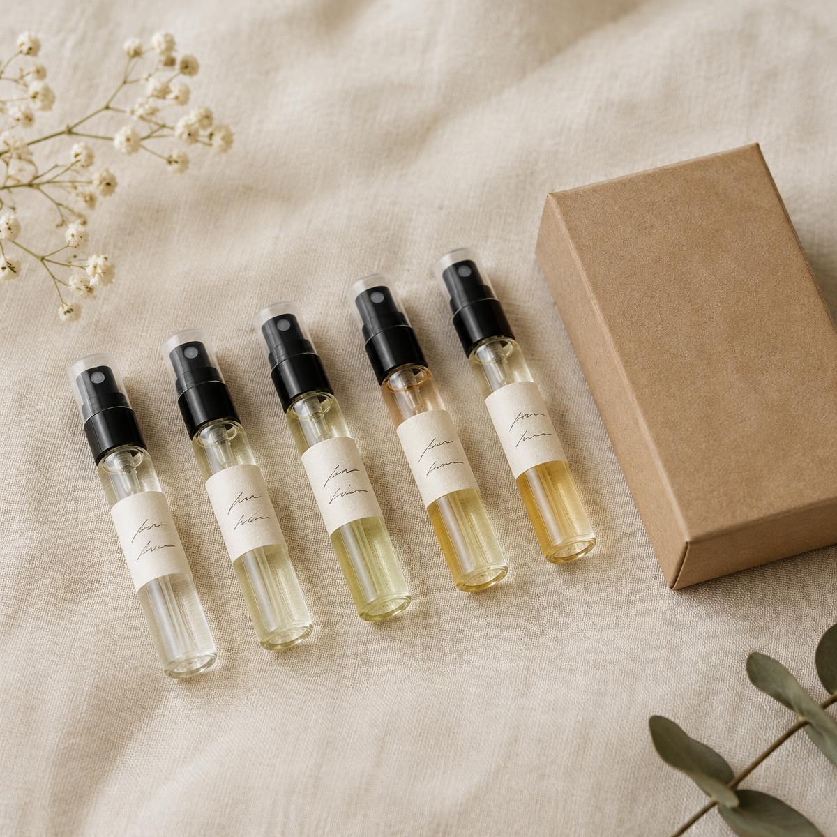 Five sample spray vials beside a kraft box