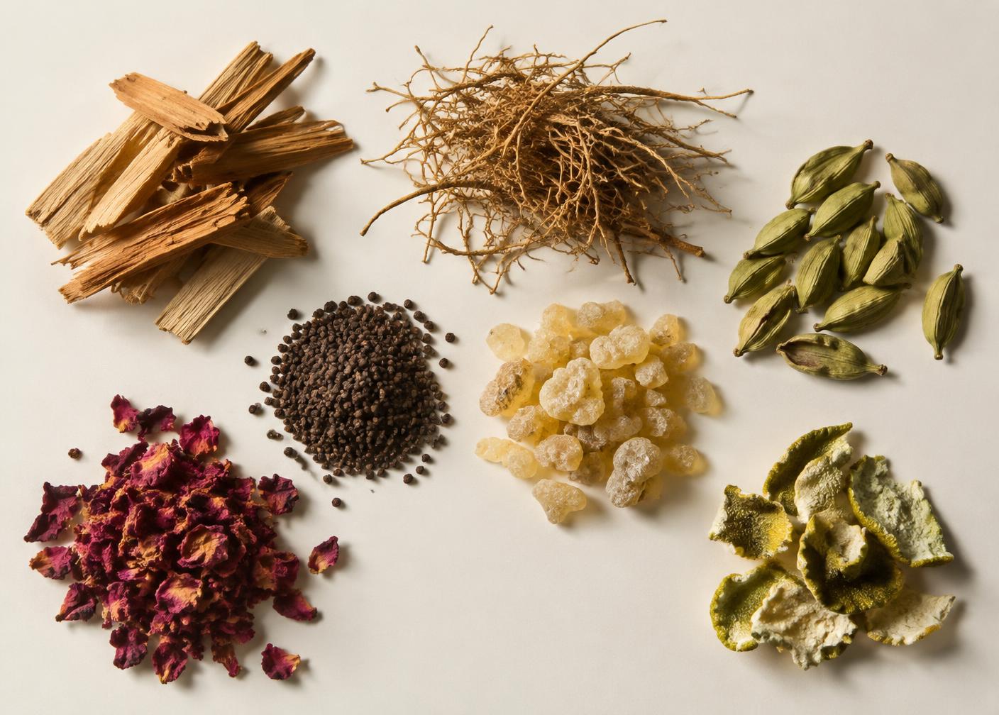 Sandalwood, vetiver, cardamom, frankincense and rose petals